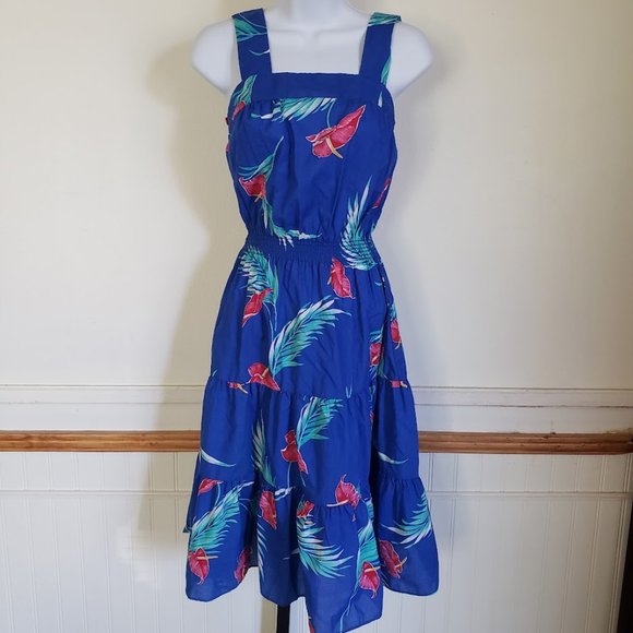 Sand Pebble of Hawaii Womens Sundress Small Blue Anthurium Print 70s USA - Picture 1 of 12